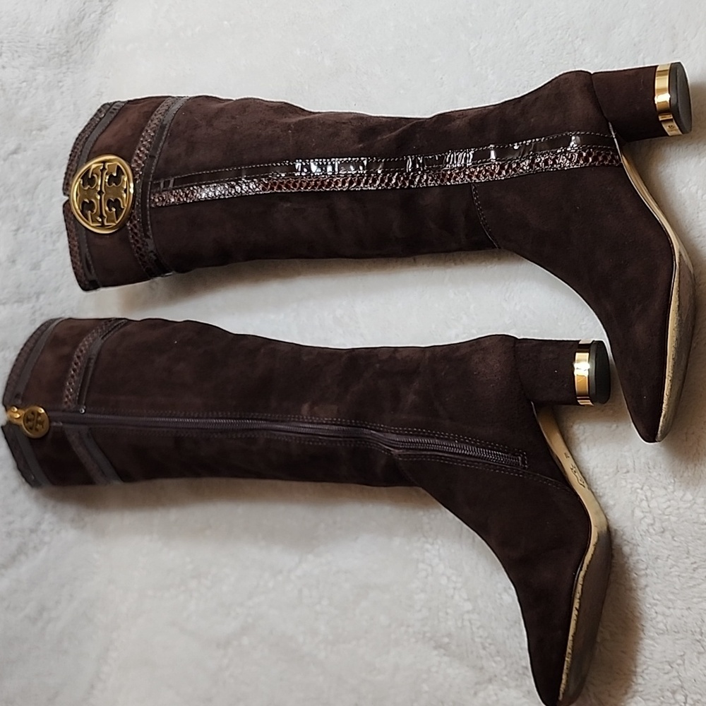 Tory Burch Uma Brown Genuine Suede Knee High Full Zip Trim Riding Boots Sz 7 - Picture 10 of 16